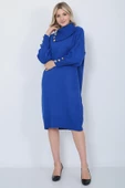 Triko Uzun Kadın Elbise Yaka Düğmeli Mavi thumbnail 3
