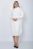 Triko Uzun Kadın Elbise Yaka Düğmeli Ekru thumbnail 5