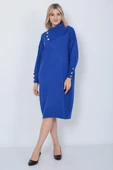 Triko Uzun Kadın Elbise Yaka Düğmeli Mavi thumbnail 4
