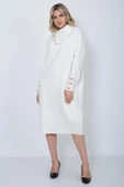 Triko Uzun Kadın Elbise Yaka Düğmeli Ekru thumbnail 4