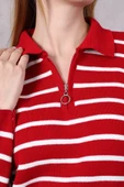 Kadın Polo Yaka Oversize Çizgili Fermuarlı Triko Kazak Kırmızı thumbnail 7