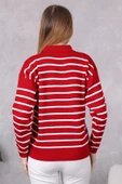 Kadın Polo Yaka Oversize Çizgili Fermuarlı Triko Kazak Kırmızı thumbnail 6