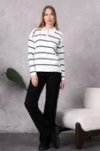 Kadın Polo Yaka Oversize Çizgili Fermuarlı Triko Kazak Ekru - 2