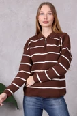 Kadın Polo Yaka Oversize Çizgili Fermuarlı Triko Kazak Kahverengi - 5
