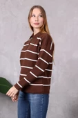 Kadın Polo Yaka Oversize Çizgili Fermuarlı Triko Kazak Kahverengi - 8