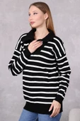 Kadın Kamyoncu Yaka Oversize Çizgili Fermuarlı Uzun Triko Kazak Siyah thumbnail 4