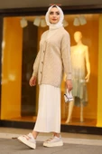 Oversize Kadın Tesettür Triko Hırka Taş - 6