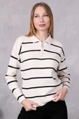 Kadın Polo Yaka Oversize Çizgili Fermuarlı Triko Kazak Ten Rengi thumbnail 1