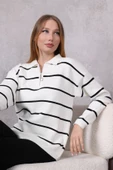 Kadın Polo Yaka Oversize Çizgili Fermuarlı Triko Kazak Ekru - 5