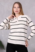 Kadın Polo Yaka Oversize Çizgili Fermuarlı Triko Kazak Ten Rengi thumbnail 3