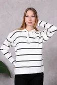 Kadın Polo Yaka Oversize Çizgili Fermuarlı Triko Kazak Ekru - 7