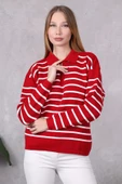 Kadın Polo Yaka Oversize Çizgili Fermuarlı Triko Kazak Kırmızı thumbnail 3