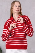Kadın Polo Yaka Oversize Çizgili Fermuarlı Triko Kazak Kırmızı thumbnail 1