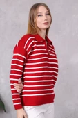 Kadın Polo Yaka Oversize Çizgili Fermuarlı Triko Kazak Kırmızı thumbnail 2