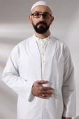 Beyaz Erkek Namaz Elbisesi V Yaka Düğmesiz Önü Açık Namaz Cübbesi - 7
