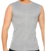 Erkek Sıfır Kol Bisiklet Yaka Slimfit Likralı Düz Tişört Gri - 1