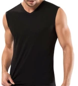 Erkek Sıfır Kol V Yaka Slimfit Likralı Düz Tişört Siyah - 1