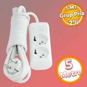 Kablolu 2'li Topraklı Grup Priz Fiş Çoğaltıcı 5 Metre Çoklu Asmalı Uzatma Kablosu Anahtarsız - 1