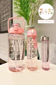 3'lü Şeffaf Motivasyonel Su Matarası Sporcu Su Şişesi Stickerlı Soft Pink Taşınabilir Suluk Seti - 1