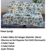 Mandaş Süngerli 2 Kişilik Salıncak Minder Seti (Pamuklu Kumaş)-İngiliz Gülü Mavi - 3