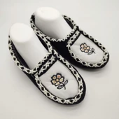 Çift Renk Örme Dikişli Çiçek Desenli Kadın Patik Siyah renk - 1