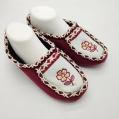 Çift Renk Örme Dikişli Çiçek Desenli Kadın Patik Bordo renk - 9