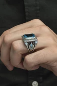 Aqua Mavisi Kare Faset Kesim Taşlı 925 Gümüş Erkek Yüzük thumbnail 6