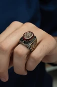 Kırmızı Taşlı Desenli 925 Gümüş Erkek Yüzük thumbnail 5