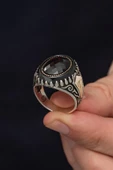 Oval Siyah Taşlı Harfli 925 Gümüş Erkek Yüzük - 6