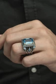 Aqua Mavisi Kare Faset Kesim Taşlı 925 Gümüş Erkek Yüzük thumbnail 8