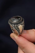 Oval Siyah Taşlı Harfli 925 Gümüş Erkek Yüzük - 4