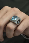 Aqua Mavisi Kare Faset Kesim Taşlı 925 Gümüş Erkek Yüzük thumbnail 1