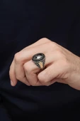Oval Siyah Taşlı Harfli 925 Gümüş Erkek Yüzük - 7