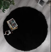 Dekoratif Tavşan Tüyü Ultra Yumuşak Peluş Yuvarlak Halı Siyah - 2