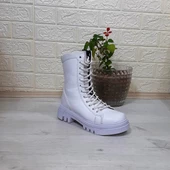 Grijak Beyaz Cilt Fermuarlı Bağacaklı Bayan Postal Bot - 7