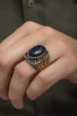 Mavi Kaplan Gözü Taşlı  925 Gümüş Erkek Yüzük thumbnail 1