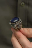 Mavi Kaplan Gözü Taşlı  925 Gümüş Erkek Yüzük thumbnail 8