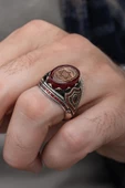Kırmızı Taşlı Süleyman Mührü 925 Gümüş Erkek Yüzük thumbnail 6