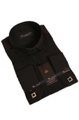 Siyah Düğmeli Yaka ve Zincirli Uzun Kol Dar Kesim Micro Kumaş Kol Düğmeli Slim Fit Erkek Gömlek - 198-6 - 1