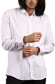 Beyaz Düğmeli Yaka ve Zincirli Uzun Kol Dar Kesim Micro Kumaş Kol Düğmeli Slim Fit Erkek Gömlek - 198-1 thumbnail 1