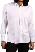 Beyaz Düğmeli Yaka ve Zincirli Uzun Kol Dar Kesim Micro Kumaş Kol Düğmeli Slim Fit Erkek Gömlek - 198-1 thumbnail 2