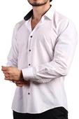 Beyaz Yaka İçi Siyah Dar Kesim Slim Fit Uzun Kol Düz Renk Erkek Gömlek  - 152-1 /151 thumbnail 2