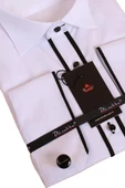 Beyaz Siyah Çift Bieli Damatlık Ata Yaka Kol Düğmeli Slim Fit Smokin Gömlek - 003 thumbnail 2