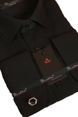 Siyah Dar Kesim Micro Kumaş Kol Düğmeli Slim Fit Erkek Gömlek - 201-6 - 2