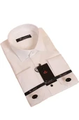 Krem Yakma Desenli Siyah Taş Düğmeli Damatlık Ata Yaka Kol Düğmeli Slim Fit Smokin Gömlek - 023 - 1