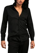 Siyah Dar Kesim Micro Kumaş Kol Düğmeli Slim Fit Erkek Gömlek - 201-6 - 2