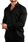Siyah 8 Drop Ekstra Uzun Kol Dar Kesim Micro Kumaş Kol Düğmeli Slim Fit Erkek Gömlek - 197-6 - 3