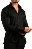 Siyah 8 Drop Ekstra Uzun Kol Dar Kesim Micro Kumaş Kol Düğmeli Slim Fit Erkek Gömlek - 197-6 - 2