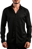 Siyah 8 Drop Ekstra Uzun Kol Dar Kesim Micro Kumaş Kol Düğmeli Slim Fit Erkek Gömlek - 197-6 - 1