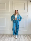 Çizgili Çift Mavi Bağcıklı Palazzo Pantolon - 1